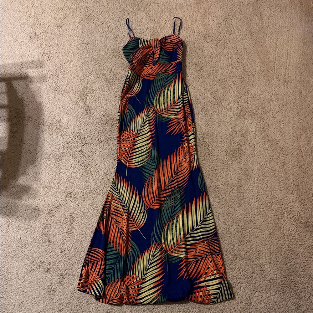 Hot Miami Styles Blue and Orange Leaf Maxi Dress